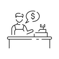 The grocery store cashier stands at the checkout with a linear icon. vector