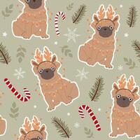 Seamless pattern with dog pug in deer horns and christmas elements. For fabrics, wrapping paper, wallpapers. vector