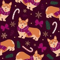 Seamless pattern of cute dogs and Christmas elements. Modern flat illustration for wrapping paper. vector