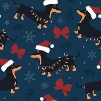 Seamless pattern with dog dachshund in a Christmas hat in a garland and Christmas elements. For fabrics, wrapping paper, wallpapers. vector