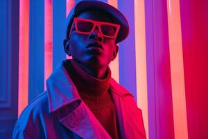Trendy High end Fashion Male Model in Neon Red eyewear Neon purple Background portrait with Fashion Flair photo