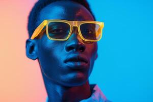 Contemporary and Chic portrait of Fashion Male Model in Neon Yellow eyewear with Neon Blue Background photo