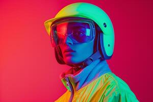 Vibrant and Trendy Style of Fashion Male Model in Neon Yellow Helmet with Neon Coral Background photo