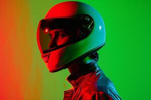 Stylish Fashion Male Model in Neon Red Helmet with Neon Green Background A Bold and eye catching portrait photo