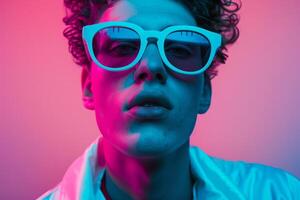 Bright and Stylish portrait of Male Model in Neon pink eyewear with Neon Teal Background A Trendy Look photo