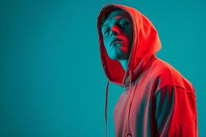 eye catching portrait of Male Model in Neon Red Hoodie with Neon Teal Background Trendy and Modern Style photo