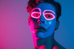 Modern and Chic portrait of Fashion Male Model in Neon pink Face Mask with Neon Blue Background A Stylish Look photo