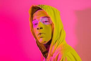 Vibrant and Stylish Look of Male Model in Neon Yellow Face Mask with Neon pink Background A Chic portrait photo