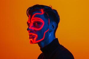 Fashionable and Bold portrait of Fashion Male Model in Neon Red Face Mask with Neon Yellow Background A Bright Look photo