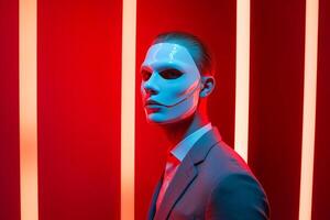 Trendy Male Model in Face Mask with Neon Red Background Fashionable Lifestyle portrait for Male photo