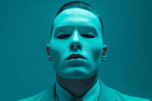 Trendy Male Model in Face Mask with Neon Teal Background Modern Lifestyle portrait photo