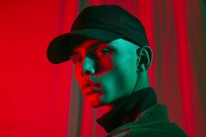 Modern Male Model in Dark Green Cap with Neon Coral Background Stylish Lifestyle portrait photo