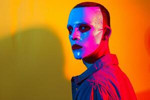 Stylish Male Model in Burgundy Face Mask with Neon Yellow Background Trendy Lifestyle portrait photo