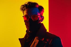 Stylish Male Model in Burgundy Face Mask with Neon Yellow Background Trendy Lifestyle portrait photo