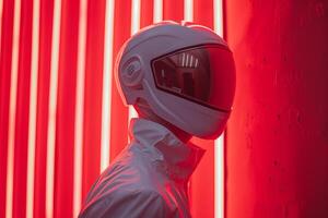 Fashionable Male Model in Face Mask with Neon Red Showcased in a Trendy Lifestyle portrait with Stylish Lighting photo