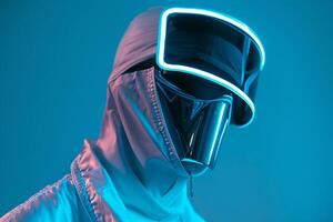 Fashionable Male Model in Face Mask with Neon Blue Featured in a Trendy Lifestyle portrait Background photo