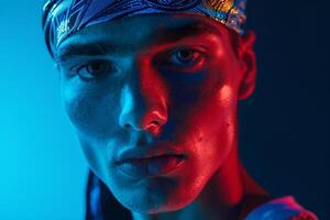 Stylish Male Model in Bandana with Neon Aqua Showcased in a Contemporary Lifestyle portrait Setting photo