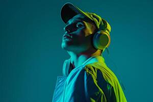 Fashionable Male Model with High end Wireless Headphones and Neon Green portrayed in a Trendy Lifestyle portrait Setting photo