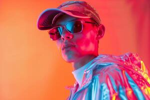 Fashionable Male Model in Holographic Cap with Neon Coral Captured in a Trendy Lifestyle portrait with Stylish Lighting photo