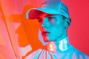 Handsome Male Model in Holographic Cap with Neon Coral Captured in a Contemporary Lifestyle portrait Setting photo