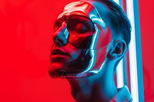 Stylish Male Model in Face Mask with Neon Red Featured in a Modern Lifestyle portrait Setting photo