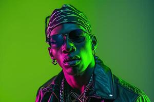 Trendy Male Model in Bandana with Neon Green Captured in a Contemporary Lifestyle portrait Setting photo