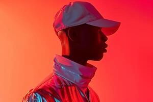 Handsome Male Model in Cap with Neon Red Showcased in a Trendy Lifestyle portrait Background photo