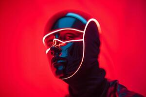 Handsome Male Model in Face Mask with Neon Red Featured in a Contemporary Lifestyle portrait Setting photo