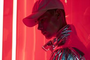 Trendy Male Model in Cap with Neon Red Showcased in a Stylish Lifestyle portrait Background photo