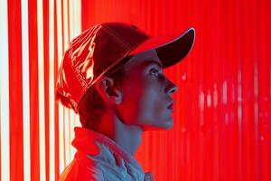 Fashionable Male Model in Cap with Neon Red Captured in a Trendy Lifestyle portrait Setting photo
