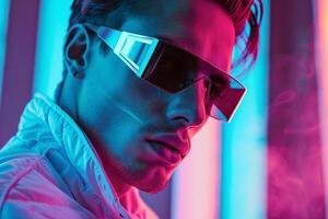Fashionable Male Model in Mirrored eyewear with Neon Aqua Captured in a Modern Lifestyle portrait Background photo