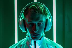 Handsome Male Model in Headphones with Neon Green Featured in a Trendy Lifestyle portrait Setting photo