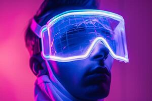 Fashionable Male Model in Holographic Face Mask with Neon purple Featured in a Contemporary Lifestyle portrait Setting photo
