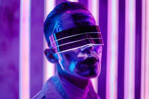 Stylish Male Model in Holographic Face Mask with Neon purple Featured in a Modern Lifestyle portrait Setting photo