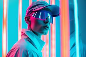 Handsome Male Model in Holographic Cap with Neon Teal Featured in a Contemporary Lifestyle portrait Background photo