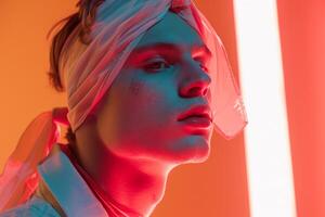 Handsome Fashion Male Model in Transparent Bandana with Neon Coral Showcased in a Modern Lifestyle portrait Setting photo