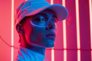 Stylish Fashion Male Model in Holographic Cap with Neon Coral Featured in a Contemporary Lifestyle portrait Background photo