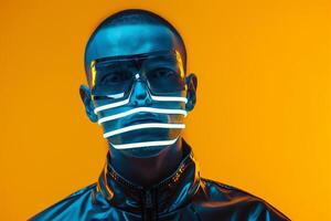 Trendy Fashion Male Model in Holographic Face Mask with Neon Yellow Showcased in a Contemporary Lifestyle portrait Background photo