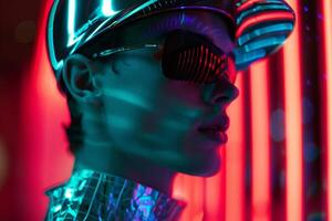 Handsome Fashion Male Model in Holographic Cap with Neon Teal Captured in a Trendy Lifestyle portrait Background photo