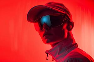 Handsome Fashion Male Model in Cap with Neon Red Captured in a Modern Lifestyle portrait Setting photo