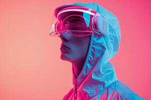 Trendy Fashion Male Model in Holographic Face Mask with Neon pink Featured in a Modern Lifestyle portrait Background photo