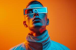 Handsome Fashion Male Model in Silver eyewear with Neon Orange Featured in a Modern Lifestyle portrait Setting photo