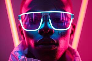 Handsome Fashion Male Model in Hologram eyewear with Neon pink Showcased in a Trendy Lifestyle portrait Background photo