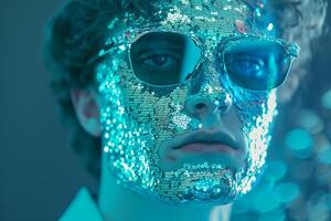 Fashionable Male Model in Sequined Face Mask with Neon Teal Modern portrait with Dynamic Urban Background photo