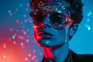 Trendy Male Model in Sequined Face Mask with Neon Aqua Stylish portrait with Vibrant Urban Background photo
