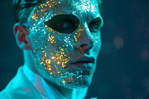Stylish Male Model in Sequined Face Mask with Neon Aqua Modern portrait with Dynamic Urban Setting photo