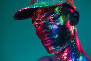 Stylish Male Model in Sequined Cap with Neon Green Trendsetting portrait with Dynamic Urban Setting photo