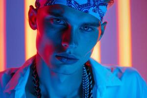 Trendsetting Male Model in ear Bandana with Neon Blue Modern portrait with Urban Background photo