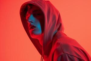 Stylish Male Fashion Male Model in Casual Hoodie with Neon Coral Modern portrait with Urban Lifestyle Background photo