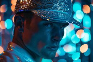 Stylish Male Model in Sequined Cap with Neon Teal Trendsetting portrait with Urban Background photo